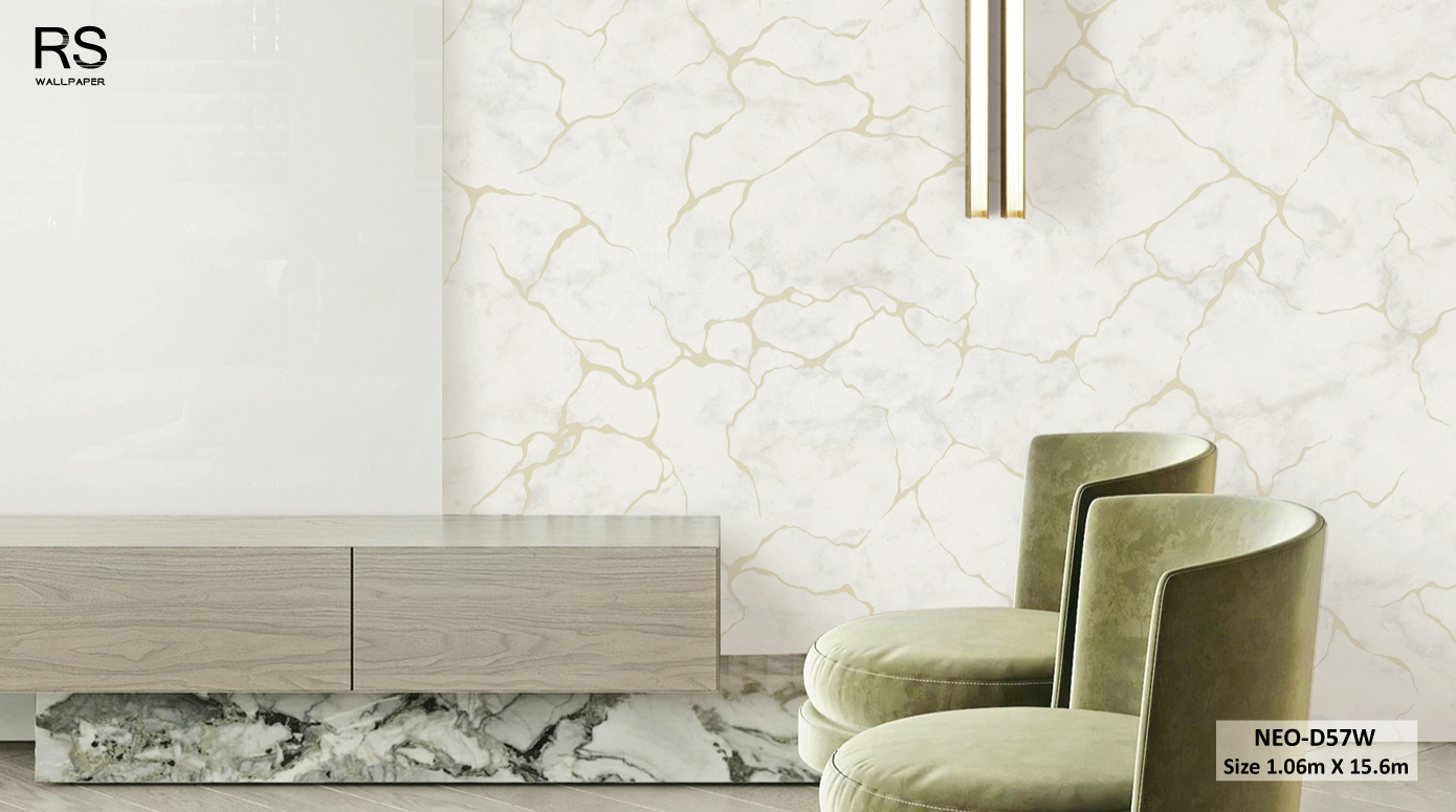 วอลเปเปอร์ ลายหินอ่อน สีขาวปนเทาแทรกเส้นสีทอง NEO-D57W
