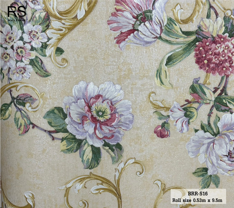 วอลเปเปอร์ ลายดอกไม้วินเทจสีแดง พื้นสีเหลืองทอง BRR-S16