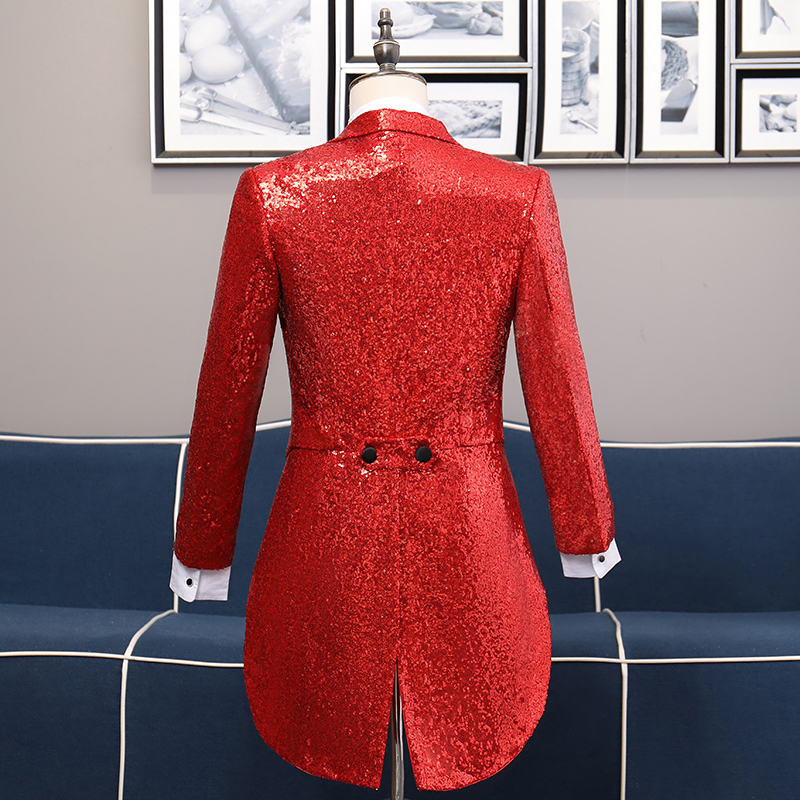 ST128- **พรีออเดอร์มี3สี**สูททักซิโด้เลื่อมผู้ชายสีเทาเงิน สีทองและสีดง สลับปกสีดำ แขนยาว พร้อมกางเกง ชุดสูทเจ้าบ่าว สูทแฟนซี ถ่ายพรีเวดดิ้ง & ชุดแต่งงานแฟนซี (Fancy wedding dress) สูทเลื่อมผู้ชายสีเงิน สีทองและสีแดง