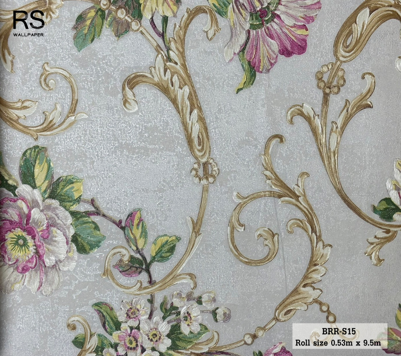 วอลเปเปอร์ ลายดอกไม้วินเทจสีชมพู พื้นสีเงินเทา BRR-S15