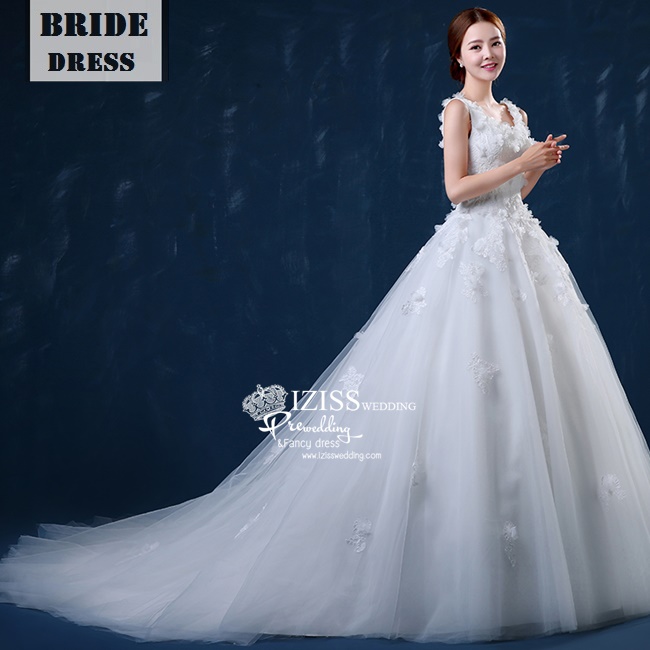 BR157 **พรีออเดอร์มีแบบหางยาว/หางปกติ**ชุดแต่งงาน&ชุดเจ้าสาวแบบยาวสีขาวเกรดพรีเมี่ยม แขนกุด ตกต่งดอกไม้ช่วง หรูหราน่ารัก สวยโดดเด่นไม่ซ้ำใคร