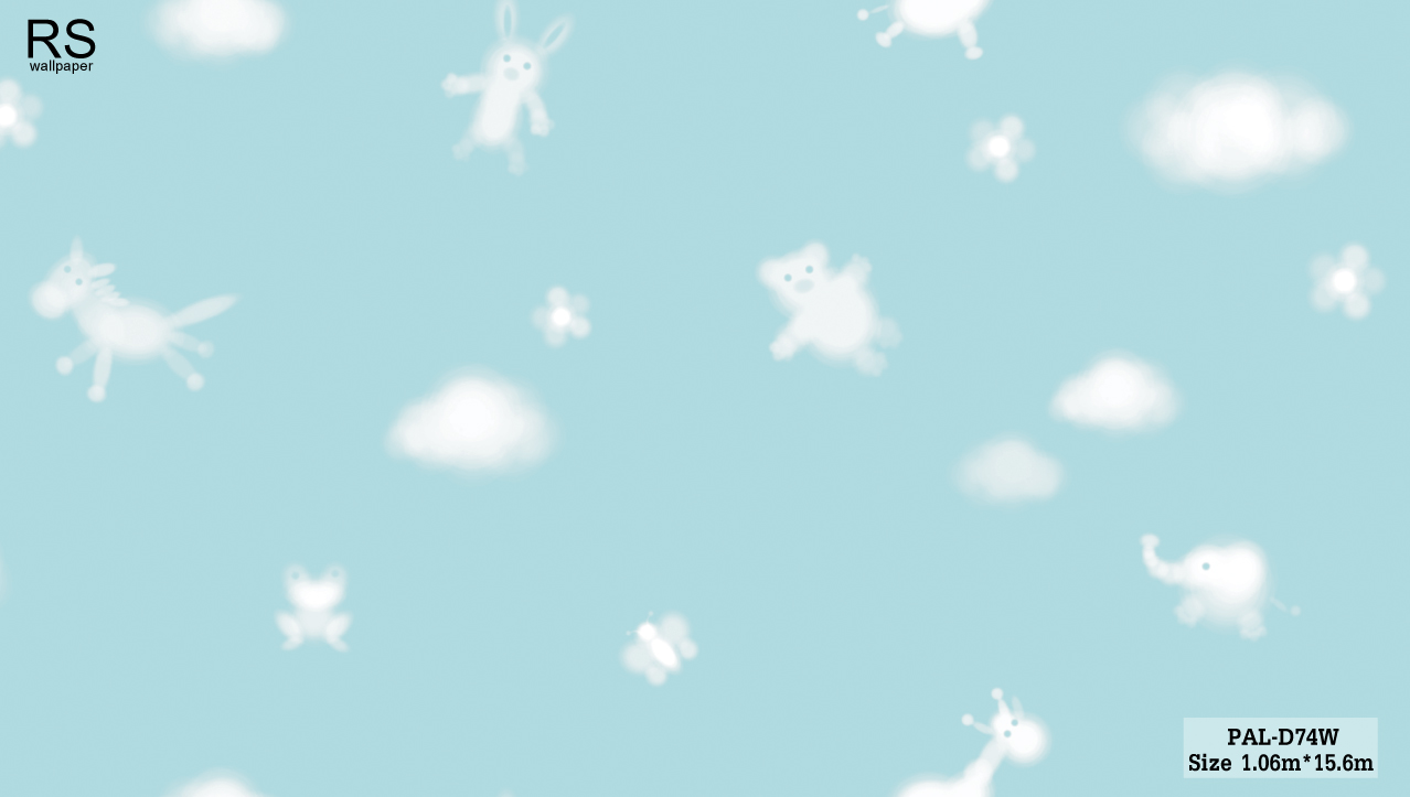 วอลเปเปอร์ ลายเมฆปุย ลายหมี ยีราฟ กระต่าย พื้นสีฟ้า PAL-D74W