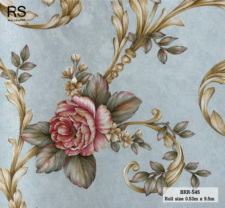วอลเปเปอร์ ลายดอกไม้วินเทจสีแดง พื้นสีฟ้าอ่อน BRR-S45