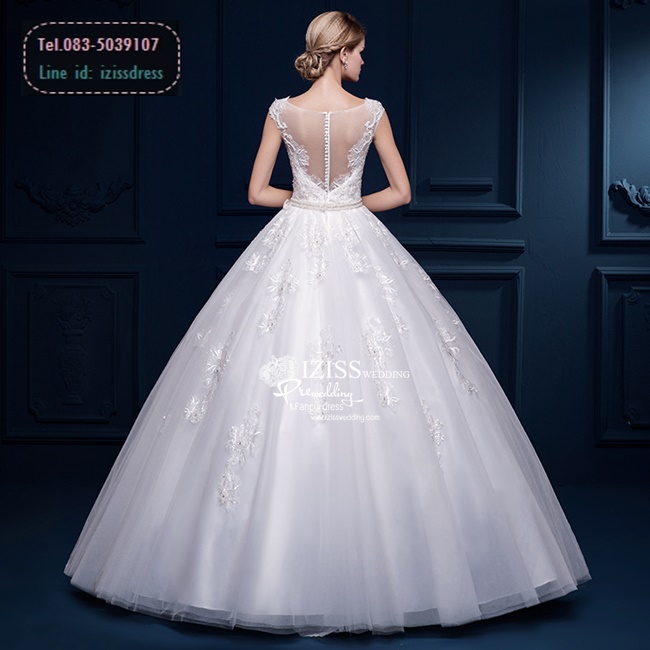 BR172 **พรีออเดอร์**ชุดแต่งงาน&ชุดเจ้าสาวแบบยาวสีขาวเกรดพรีเมี่ยม แขนกุดซีทรูช่วงอกและแขน ปักเลื่อมผสมลูกไม้ยกดอก พร้อมเข็มขัดมุก หรูหราน่ารัก สวยโดดเด่นไม่ซ้ำใคร