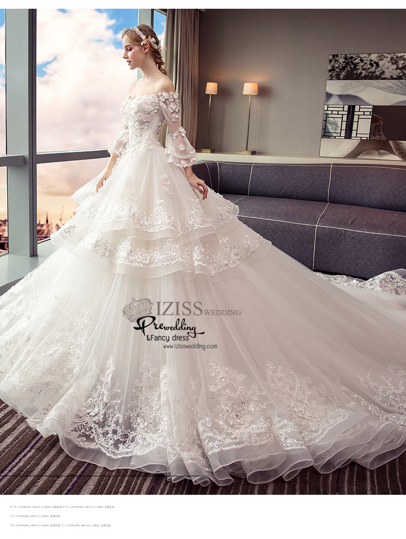 BR338 **พรีออเดอร์**ชุดแต่งงาน&ชุดเจ้าสาวแบบยาวอลังการ สีขาวเกรดพรีเมี่ยม หรูหราน่ารัก สวยโดดเด่นไม่ซ้ำใคร