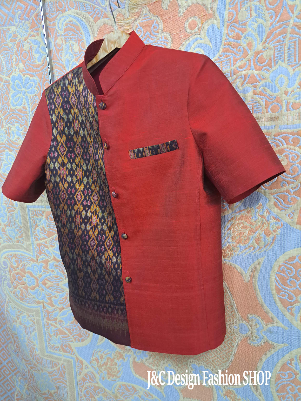 เสื้อสูทชายไหมแท้มัดหมี่ทอมือสีน้ำเงิน เสื้อสูทชายไหมแท้ สูทผ้าไทยชาย ซาฟารีผ้าไทยชาย สูทผ้าไหมสีน้ำเงิน