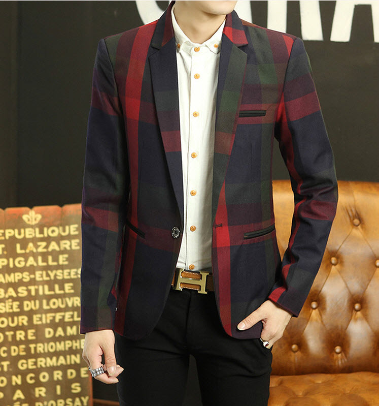เสื้อสูท ผู้ชาย ลำลอง ลายสก็อต ลายตาราง สีแดง แขนยาว คอปก กระดุมเม็ดเดียว