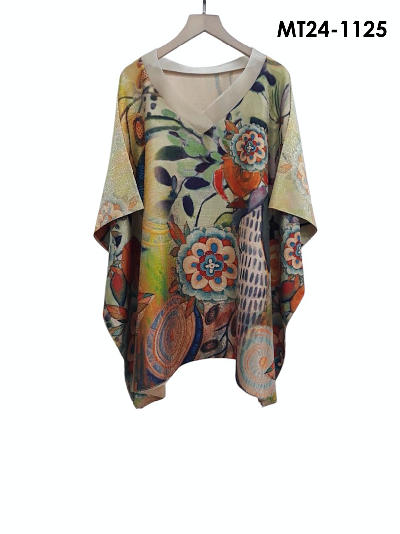 MT24-1125 ไหมจีนคอวีแก้วทรงผีเสื้อ อก 56 นิ้ว สวยสไต์คุณนาย เสื้อผู้ใหญ่