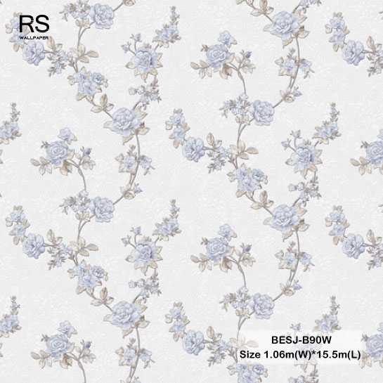 วอลเปอร์ลายดอกไม้สีฟ้าอมเทา พื้นสีเทาอ่อน BESJ-B90W