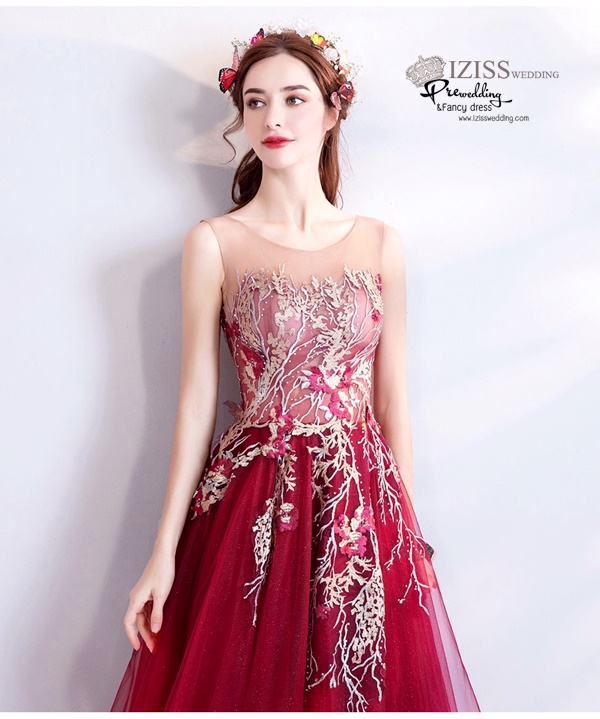 DL077 - **พร้อมส่งXL** ชุดราตรี เดรสยาวออกงาน (Night party dresses) ชุดไปงานแต่งงานสวยๆ "ธีมสีแดงแต่งดอก 3D"