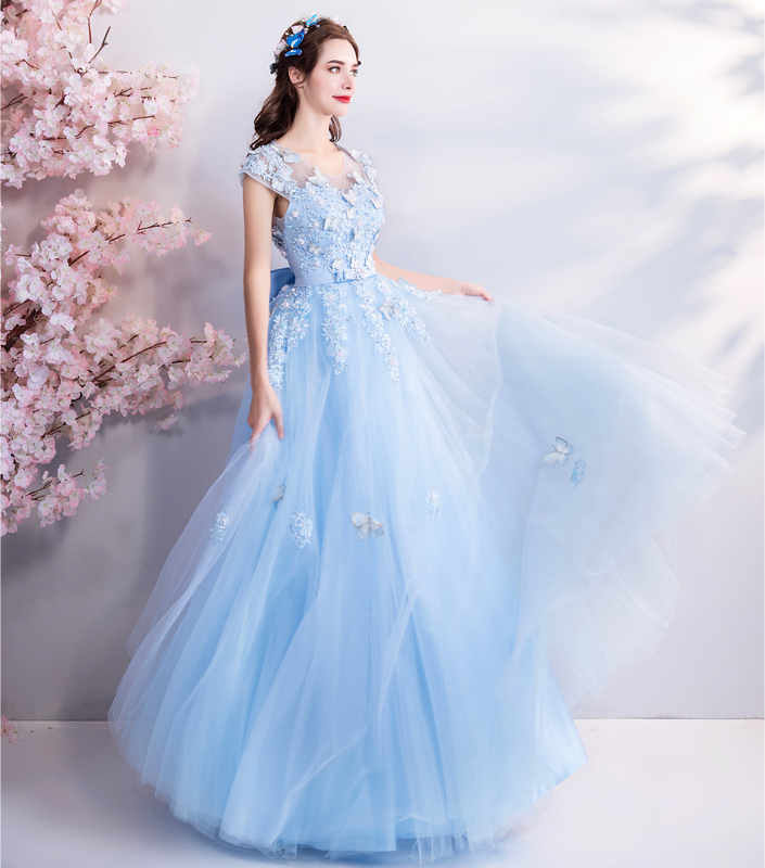 DL111 - **พร้อมส่ง** ชุดราตรี เดรสยาวออกงาน (Night party dresses) ชุดไปงานแต่งงานสวยๆ "ธีมสีฟ้าแต่งดอก 3D"