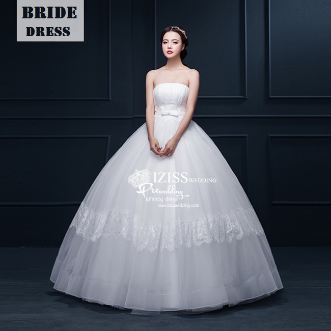 BR161 **พรีออเดอร์**ชุดแต่งงาน&ชุดเจ้าสาวแบบยาวสีขาวเกรดพรีเมี่ยม เกาะอก ช่วงเอวตกแต่งโบว์และ้าลูกไม้ผสมเลื่อม หรูหราน่ารัก สวยโดดเด่นไม่ซ้ำใคร