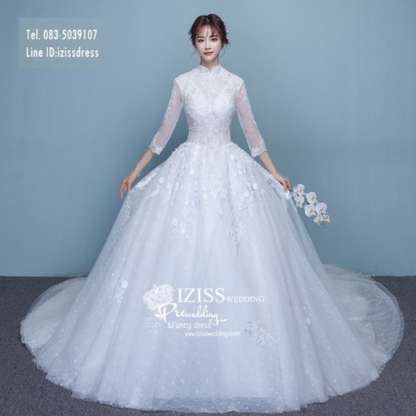 BR276**พรีออเดอร์**ชุดแต่งงาน&ชุดเจ้าสาวแบบยาวสีขาวเกรดพรีเมี่ยม เปิดไหล่ มีแขน หรูหราน่ารัก สวยโดดเด่นไม่ซ้ำใคร