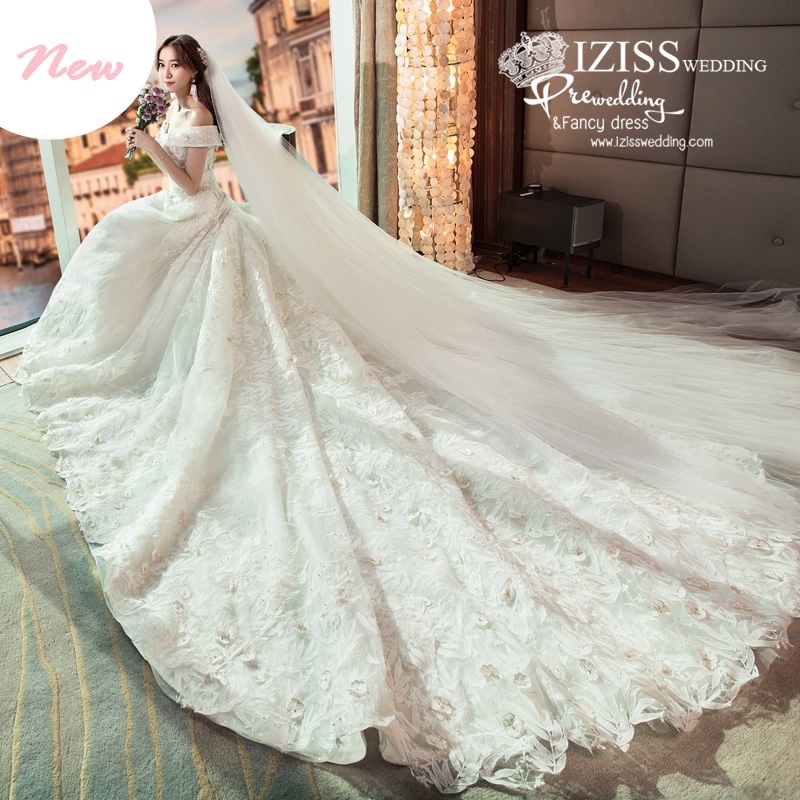 BR327 **พรีออเดอร์**ชุดแต่งงาน&ชุดเจ้าสาวแบบยาวอลังการ สีขาวเกรดพรีเมี่ยม หรูหราน่ารัก สวยโดดเด่นไม่ซ้ำใคร