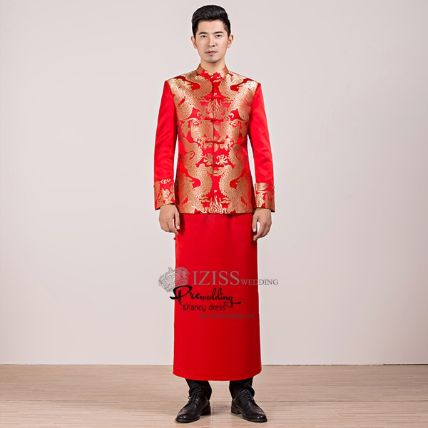ST076 **พรีออเดอร์แบบ A B C D ระบุเวลาซื้อด้วยนะคะ**สูทจีนผู้ชายสีแดงแขนยาวปักลายมังกรสีทอง กระดุมขัด พร้อมกระโปรงสีแดง ชุดสูทเจ้าบ่าว สูทแฟนซี ถ่ายพรีเวดดิ้ง & ชุดแต่งงานแฟนซี (Fancy wedding dress) สูทผู้ชายสีแดง
