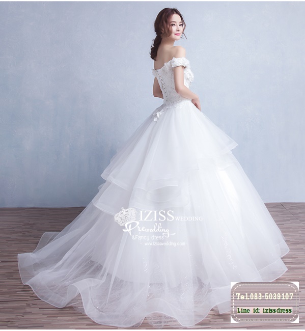 BR182 **พรีออเดอร์**ชุดแต่งงาน&ชุดเจ้าสาวแบบยาวสีขาวเกรดพรีเมี่ยม เปิดไหล่ มีแขน หรูหราน่ารัก สวยโดดเด่นไม่ซ้ำใคร