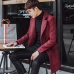 พร้อมส่ง โค้ทผู้ชาย สีแดง กระดุม 2 เม็ด ผ้าวูลทอลาย กระเป๋าแต่งปก windbreaker โค้ทยาว ใส่กันหนาว สไตล์เกาหลี