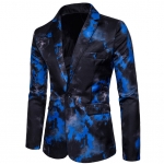 พร้อมส่ง เสื้อสูทผู้ชาย พิมพ์ลายกราฟฟิก สีน้ำเงิน พื้นสีดำ แขนยาว เสื้อสูทลำลอง สูทใส่ไปงาน สูทแฟชั่นผู้ชาย