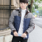 เสื้อโค้ทผู้ชาย สีน้ำเงิน มีฮู้ด ออกแบบเท่ห์ทูโทนสีเทา ใส่กันหนาว โค้ทกันหนาวผู้ชาย