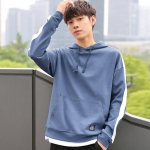 Hoodie เสื้อฮู้ดผู้ชาย สีน้ำเงิน ทรงOversize แต่งชายเสื้อและแขน เสื้อกันหนาวมีฮู้ด แฟชั่นสไตล์เกาหลี