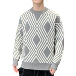 พร้อมส่ง เสื้อไหมพรมผู้ชาย สีเทา ลายกราฟฟิก คอกลม แขนยาว สเวตเตอร์ผู้ชาย