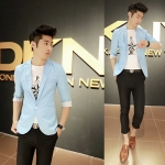 เสื้อสูท พร้อมส่ง เสื้อสูทแฟชั่นผู้ชาย สีฟ้าแขน 7 ส่วน กระดุม 1 เม็ด แต่งปลายแขน ใส่ออกงานได้ ใส่ทำงานได้ ใส่เที่ยวได้