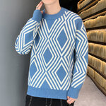 พร้อมส่ง เสื้อไหมพรมผู้ชาย สีฟ้า ลายกราฟฟิก คอกลม แขนยาว สเวตเตอร์ผู้ชาย