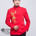ST002- **พรีออเดอร์**สูทจีนผู้ชายสีแดงแขนยาวปักลายมังกรสีทอง ติดกระดุมสีแดง พร้อมกางเกงสีดำขาสอบ ชุดสูทเจ้าบ่าว สูทแฟนซี ถ่ายพรีเวดดิ้ง & ชุดแต่งงานแฟนซี (Fancy wedding dress) สูทผู้ชายสีแดง