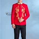 ST084 **พรีออเดอร์**สูทจีนผู้ชายสีแดงคอสีทองแขนยาวปักลายมังกรคู่สีทอง ติดกระดุมสีทอง พร้อมกางเกงสีดำขาสอบ ชุดสูทเจ้าบ่าว สูทแฟนซี ถ่ายพรีเวดดิ้ง & ชุดแต่งงานแฟนซี (Fancy wedding dress) สูทผู้ชายสีแดง ดำ