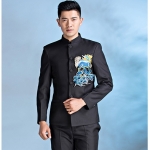 ST079 **พรีออเดอร์**สูทจีนผู้ชายสีดำแขนยาวติดลายกิเลนสีฟ้าขาว ติดกระดุมสีดำ พร้อมกางเกงสีดำขาสอบ ชุดสูทเจ้าบ่าว สูทแฟนซี ถ่ายพรีเวดดิ้ง & ชุดแต่งงานแฟนซี (Fancy wedding dress) สูทผู้ชายสีดำ