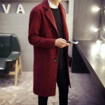 พร้อมส่ง โค้ทผู้ชาย สีแดง กระดุม 2 เม็ด ผ้าวูลทอลาย แต่งกระเป๋า โค้ทยาว ใส่กันหนาว สไตล์เกาหลี
