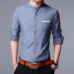 พร้อมส่ง เสื้อเซิ้ตผู้ชาย สีน้ำเงิน คอจีน แต่งสีขาวที่ขอบคอเสื้อ และกระเป๋า แขนยาว เสื้อเซิ้ตแขนยาว