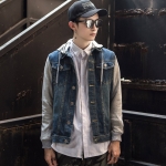 พร้อมส่ง แจ็คเก็ตยีนส์ ผู้ชาย มีฮู้ด แต่งแขนสีเทา กระดุมหน้า ใส่คลุม เสื้อคลุมแฟชั่นผู้ชาย