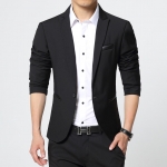 เสื้อสูท ผู้ชาย สีดำ แต่งหนังที่กระเป๋า แขนยาว กระดุมหน้าเม็ดเดียว ใส่ทำงาน ใส่ออกงาน ใส่เป็นสูทลำลอง