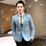 พร้อมส่ง เสื้อสูทผู้ชาย สีฟ้า ออกแบบกระเป๋าเท่ห์ คอปก แขนยาว ใส่ทำงาน ใส่ออกงาน