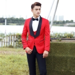 ST114- **พรีออเดอร์**สูทแฟนซีผู้ชายสีแดงเนื้อนูนลายดอกไม้ พร้อมกั๊กและกางเกง ชุดสูทเจ้าบ่าว สูทแฟนซี ถ่ายพรีเวดดิ้ง & ชุดแต่งงานแฟนซี (Fancy wedding dress) สูทผู้ชายสีแดงดำ