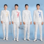 ST082 **พรีออเดอร์**สูทจีนผู้ชายสีขาวแขนยาวปักลายมังกรสีทอง สีแดง สีน้ำเงิน สีเงิน ติดกระดุมสีขาว พร้อมกางเกงสีขาวขาสอบ ชุดสูทเจ้าบ่าว สูทแฟนซี ถ่ายพรีเวดดิ้ง & ชุดแต่งงานแฟนซี (Fancy wedding dress) สูทผู้ชายสีขาว