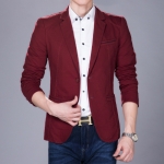 พร้อมส่ง เสื้อสูทลำลอง สีแดง คอปก เสื้อสูทผู้ชาย