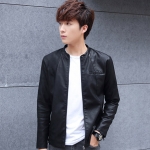 พร้อมส่ง แจ็คเก็ตหนังผู้ชาย เสื้อหนังผู้ชาย สีดำ หนัง PU คอจีน มีซับใน