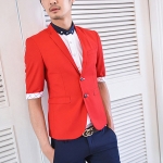 เสื้อสูทพร้อมส่ง เสื้อสูทแฟชั่นผู้ชาย สีแดง แขน 5 ส่วน แต่งกระเป๋า กระดุม 2 เม็ด แต่งขอบแขน ใส่ออกงานได้ ใส่ทำงานได้ ใส่เที่ยวได้