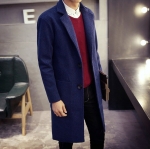 พร้อมส่ง โค้ทผู้ชาย สีน้ำเงิน กระดุม 2 เม็ด ผ้าวูลทอลาย แต่งกระเป๋า โค้ทยาว ใส่กันหนาว สไตล์เกาหลี