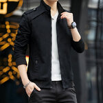 พร้อมส่ง เสื้อแจ็คเก็ต ผู้ชาย สีดำ ซิปหน้า คอตั้ง แต่งบ่า เดินตะเข็บที่แขนเสื้อ เสื้อคลุมผู้ชาย
