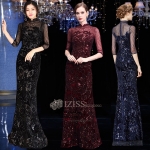 T025 **พรีออเดอร์เดรสชุดเลื่อมสีแดง สีน้ำเงิน สีดำ**ชุดราตรียาวเลื่อมทั้งชุด คอจีน แขนสั้น เล่นดีเทลซีทรูช่วงอกและแขน แต่งเลื่อมไม้ลายดอกไม้ เข้ารูปช่วงเอว กระโปรงทรงปล่อย สวยงามหรูหราไฮโซมากๆ ค่ะ