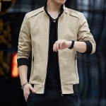 พร้อมส่ง เสื้อแจ็คเก็ต ผู้ชาย สีกากี ซิปหน้า คอปีน แต่งคอ สีดำ แจ็คเก็ตแฟชั่นชาย