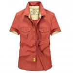 พร้อมส่ง เสื้อเซิ้ตผู้ชาย สีส้ม แขนสั้น คอปก แต่งสีตัดกับตัวเสื้อ เนื้อผ้าดี