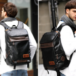 พร้อมส่ง กระเป๋าเป้ ผู้ชาย กระเป๋าหนัง PU สีดำ แต่งสีน้ำตาล ปรับสายเป้ได้ เก็บของได้เยอะ