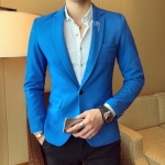 เสื้อสูท ผู้ชาย สีฟ้าเข้ม คอปกแต่งที่ปกเสื้อเท่ห์ แขนยาว กระดุมหน้าหนึ่งเม็ด เสื้อเข้ารูป ใส่ทำงาน ใส่ออกงาน