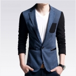 พร้อมส่ง เสื้อสูท ผู้ชาย สีน้ำเงิน แขนยาว กระดุมหน้าหนึ่งเม็ด แต่งกระเป๋าอกสีดำ แขนสีดำ สูทสีทูโทน