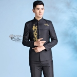 ST088 **พรีออเดอร์**สูทจีนผู้ชายสีดำแขนยาวปักลายมังกรสีทอง ติดกระดุมสีดำ พร้อมกางเกงสีดำขาสอบ ชุดสูทเจ้าบ่าว สูทแฟนซี ถ่ายพรีเวดดิ้ง & ชุดแต่งงานแฟนซี (Fancy wedding dress) สูทผู้ชายสีดำ