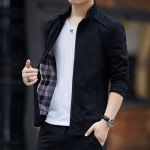 พร้อมส่ง เสื้อแจ็คเก็ต ผู้ชาย สีดำ ซิปหน้า คอปีน แต่งคอ สีดำ แจ็คเก็ตแฟชั่นชาย